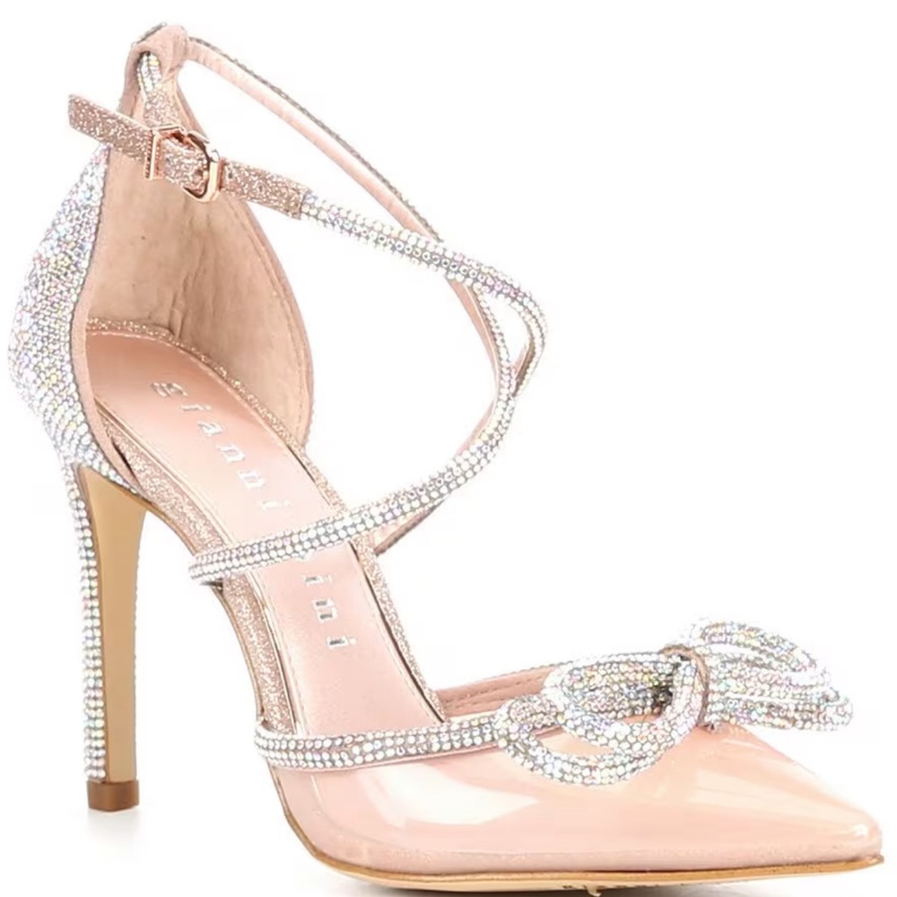 Ezlynn Clear Rhinestone Embellished Bow Pointed Toe Pumps- Rose Gold